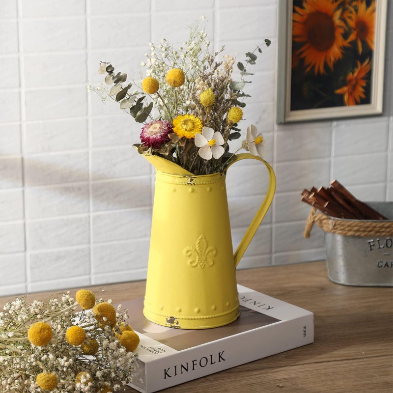 APSOONSELL French Style Shabby Chic Vase Metal Flower Vase Vintage Jug Rustic Farmhouse Decor for Home, Yellow - Image 5